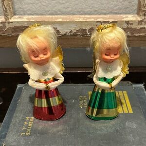 Lot 2 Vintage Mid Century Christmas Angels Japan Plastic Face Cardboard